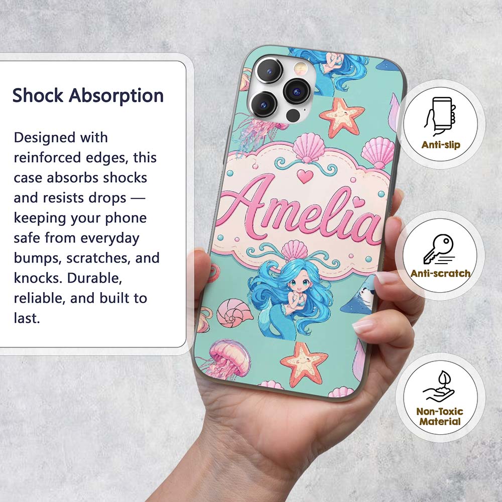 Cute Blue Hair Mermaid Jellyfish Seahorse Mint Custom Name Protective Phone Case Mobile Cover Durable Everyday Smartphone Shock Resistant
