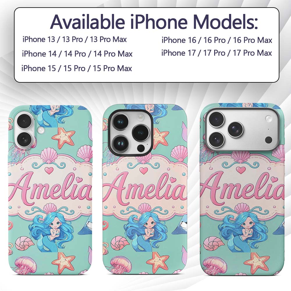 Cute Blue Hair Mermaid Jellyfish Seahorse Mint Custom Name Protective Phone Case Mobile Cover Durable Everyday Smartphone Shock Resistant