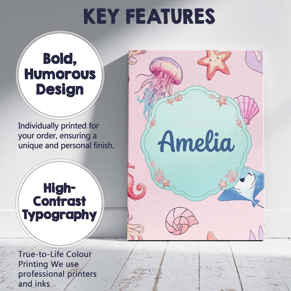 Personalised Name Cute Blue Hair Mermaid Custom Unique Gift Idea Elegant Feature Canvas Wall Art Print Decor Picture Ready to Hang