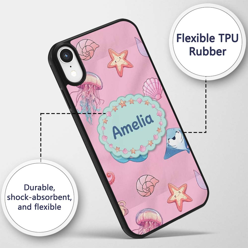 Cute Blue Mermaid Jellyfish Seahorse and Ocean Custom Name Protective Phone Case Mobile Cover Durable Everyday Smartphone Shock Resistant