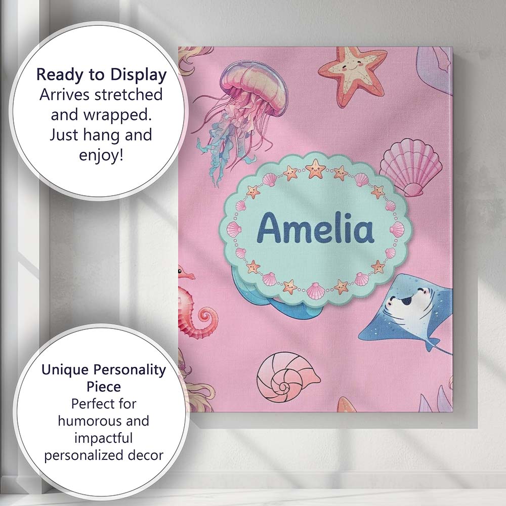 Personalised Name Cute Blue Mermaid Jellyfish Custom Unique Gift Idea Modern Room Accent Canvas Wall Art Print Decor Picture Ready to Hang