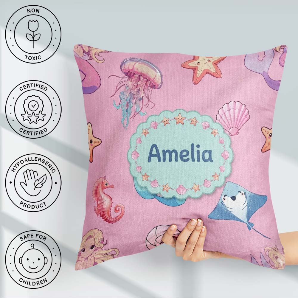 Custom Name Blue Mermaid Jellyfish and Ocean Creatures Soft Pink Square Filled Cushion Throw Pillow Sofa Bed Home Decor Zip Washable UK Made