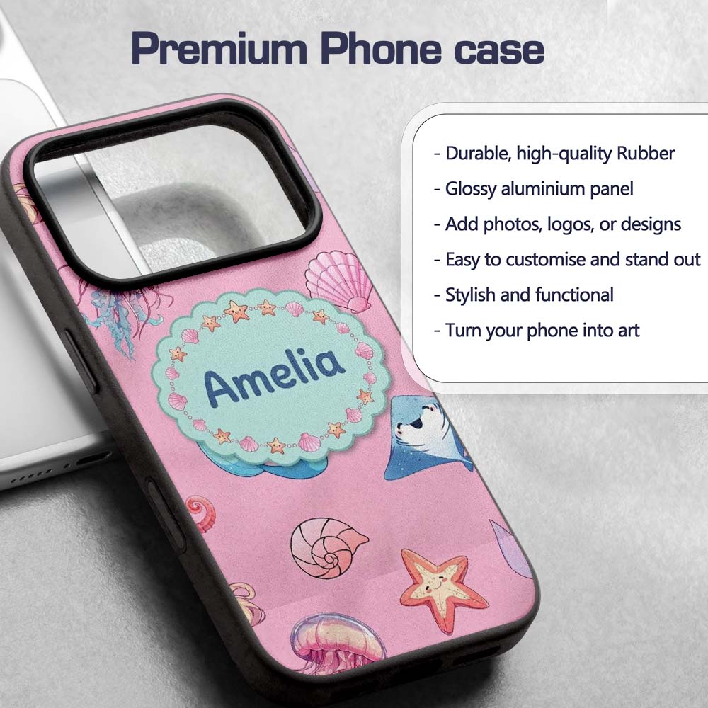 Cute Blue Mermaid Jellyfish Seahorse and Ocean Custom Name Protective Phone Case Mobile Cover Durable Everyday Smartphone Shock Resistant