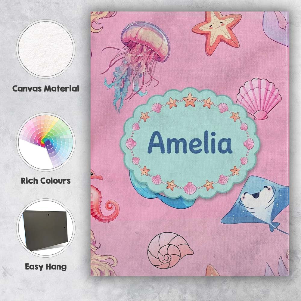 Personalised Name Cute Blue Mermaid Jellyfish Custom Unique Gift Idea Modern Room Accent Canvas Wall Art Print Decor Picture Ready to Hang