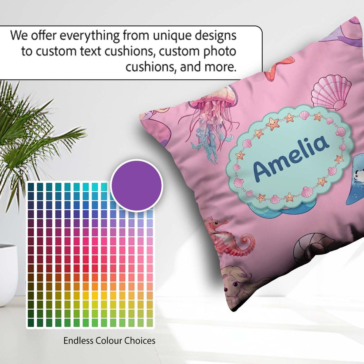 Custom Name Blue Mermaid Jellyfish and Ocean Creatures Soft Pink Square Filled Cushion Throw Pillow Sofa Bed Home Decor Zip Washable UK Made