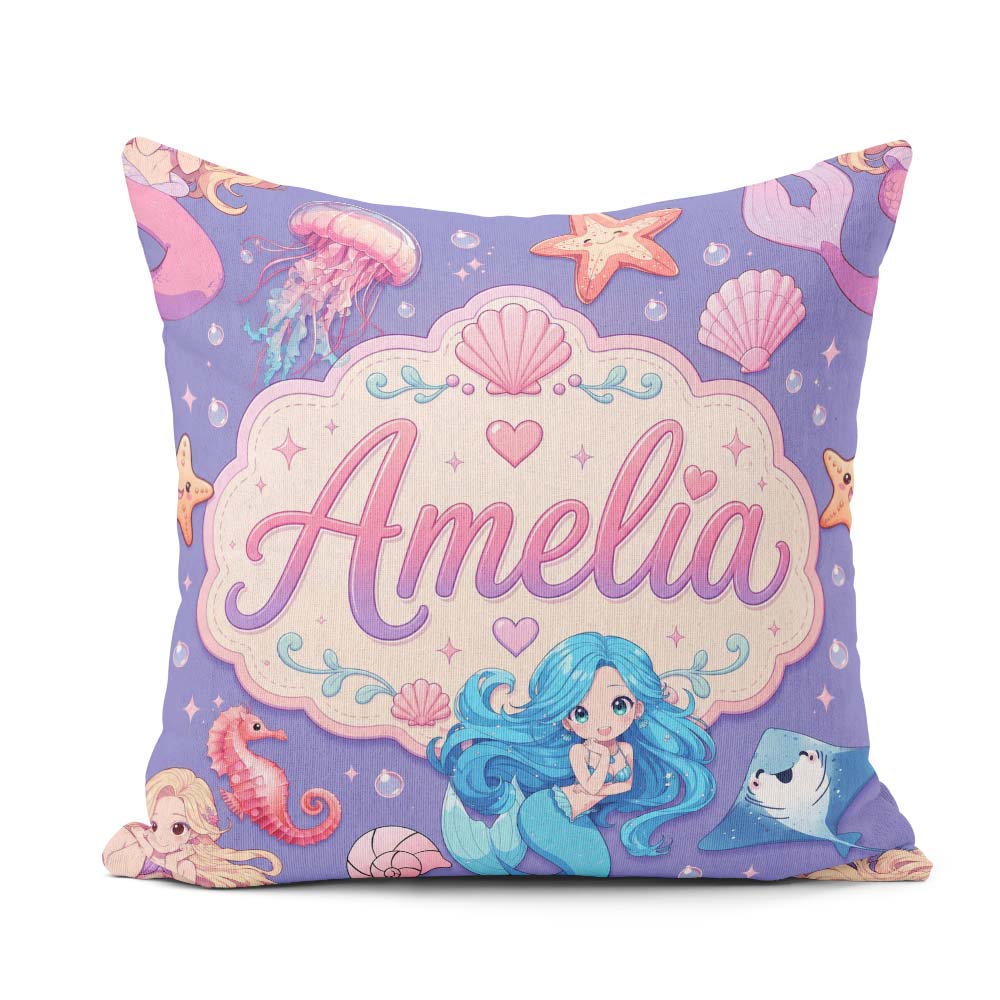 Custom Name Blue Mermaid Jellyfish Seahorse and Creatures Purple Square Filled Cushion Throw Pillow Sofa Bed Home Decor Zip Washable UK Made