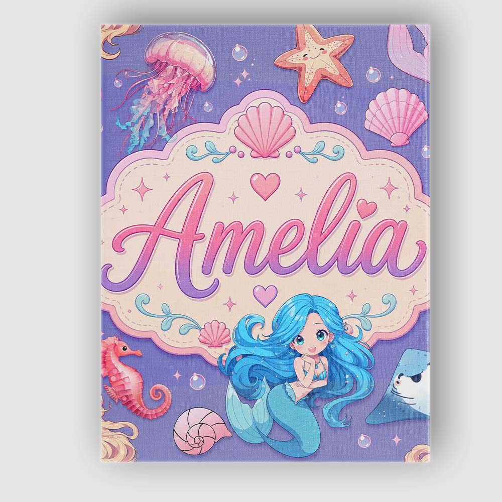 Personalised Name Cute Blue Mermaid Jellyfish Custom Unique Gift Idea Modern Room Accent Canvas Wall Art Print Decor Picture Ready to Hang