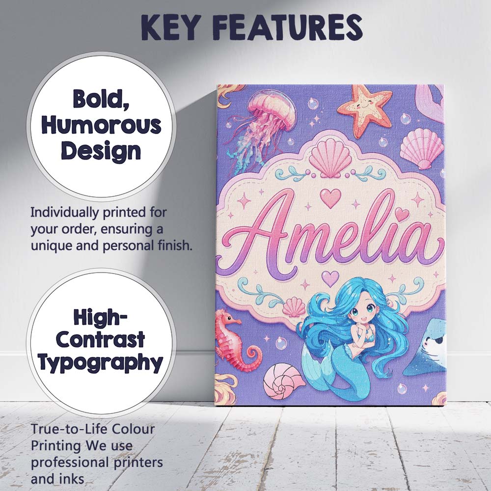 Personalised Name Cute Blue Mermaid Jellyfish Custom Unique Gift Idea Modern Room Accent Canvas Wall Art Print Decor Picture Ready to Hang