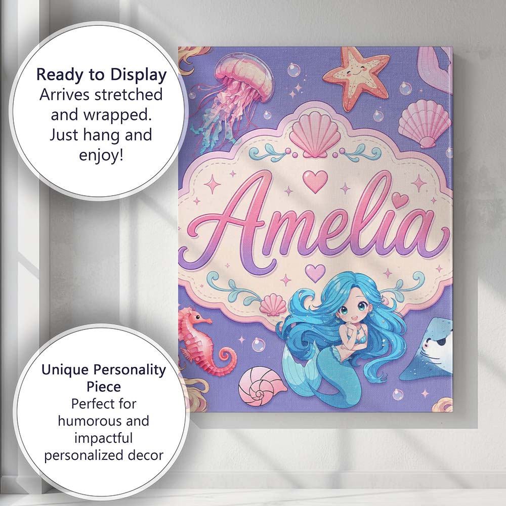 Personalised Name Cute Blue Mermaid Jellyfish Custom Unique Gift Idea Modern Room Accent Canvas Wall Art Print Decor Picture Ready to Hang