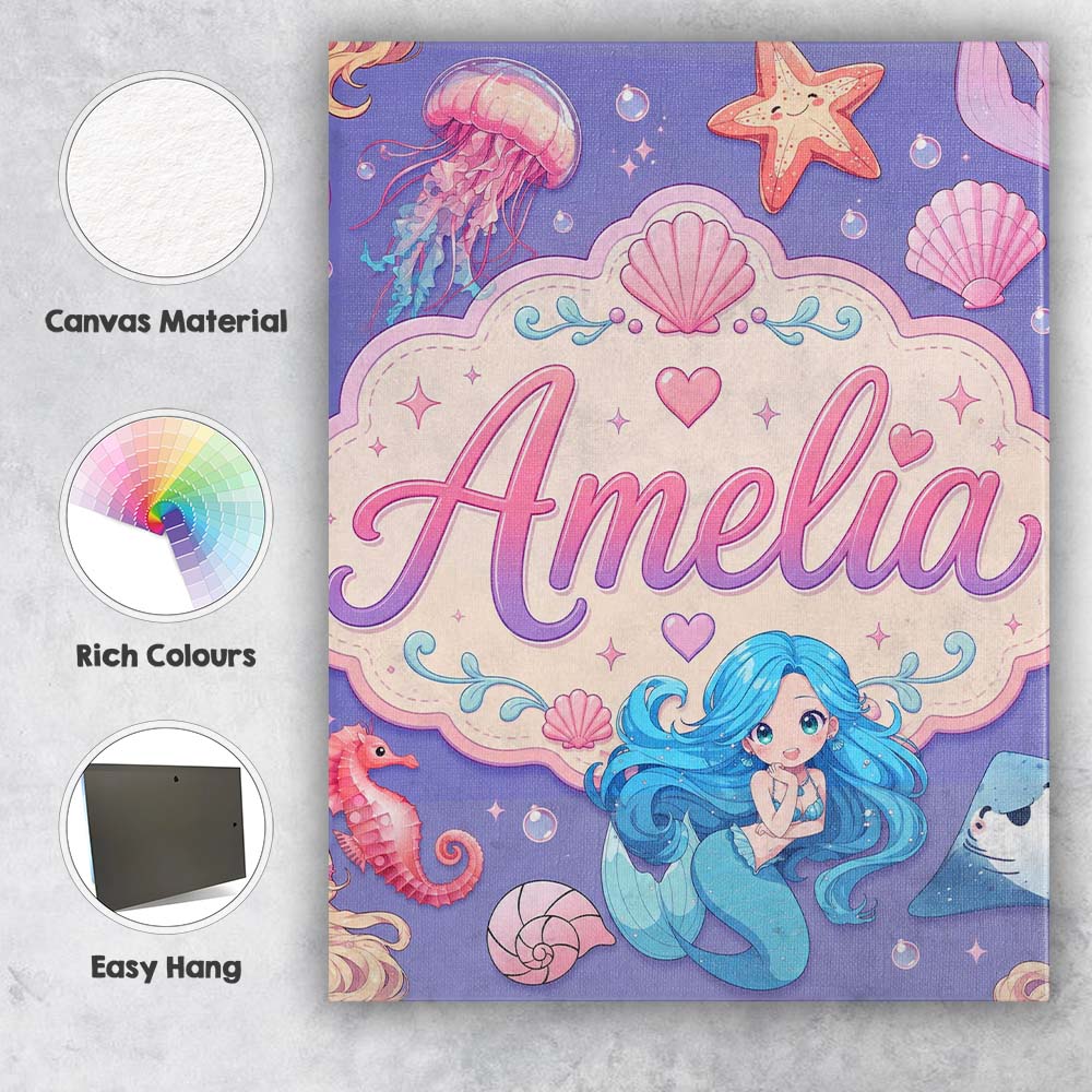 Personalised Name Cute Blue Mermaid Jellyfish Custom Unique Gift Idea Modern Room Accent Canvas Wall Art Print Decor Picture Ready to Hang