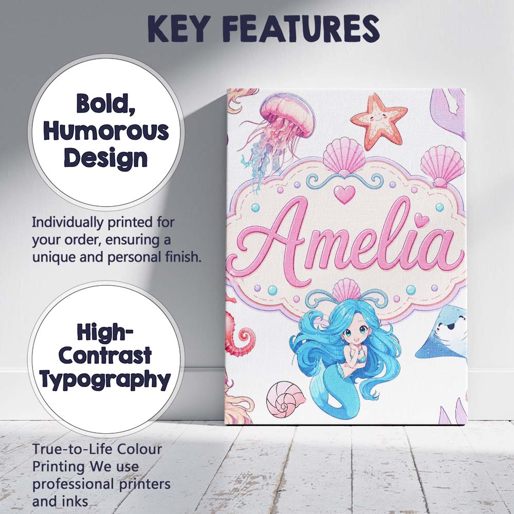 Personalised Name Cute Blue Mermaid Jellyfish Custom Unique Gift Idea Modern Room Accent Canvas Wall Art Print Decor Picture Ready to Hang