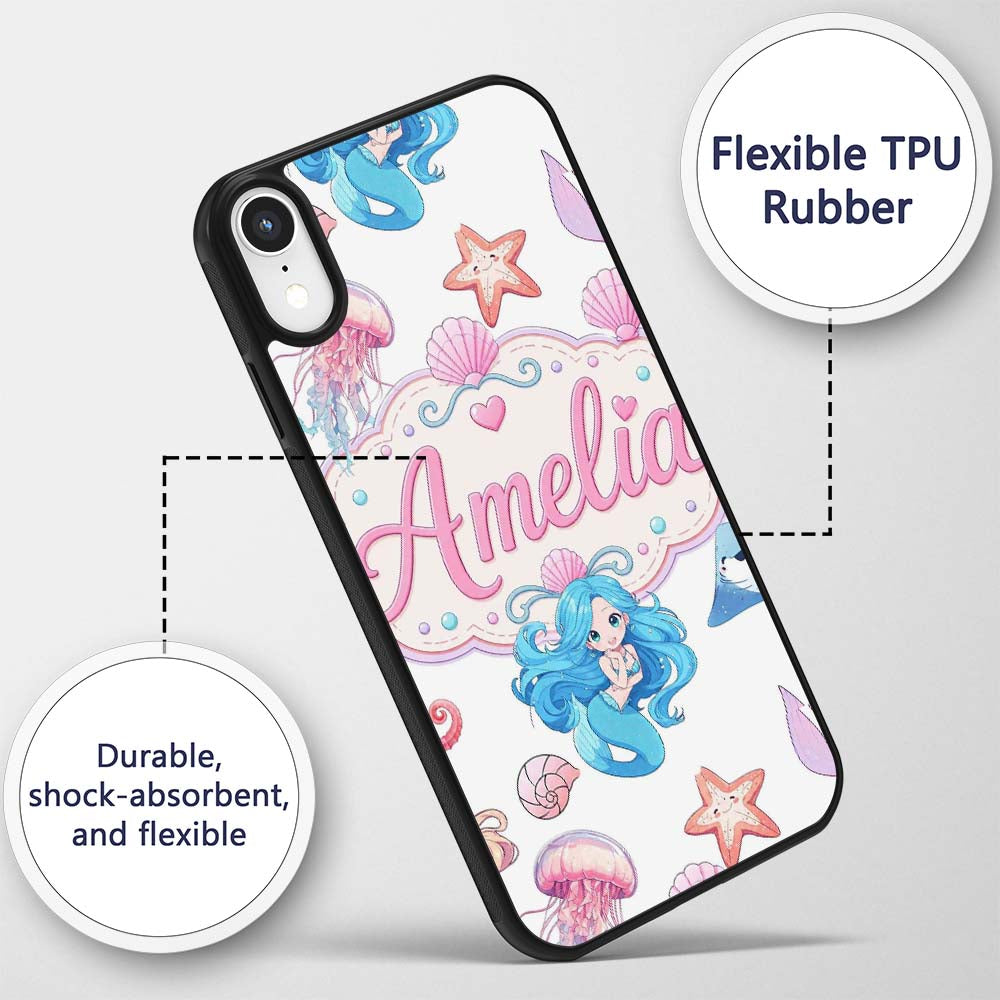 Cute Blue Mermaid Jellyfish Seahorse and Ocean Custom Name Protective Phone Case Mobile Cover Durable Everyday Smartphone Shock Resistant