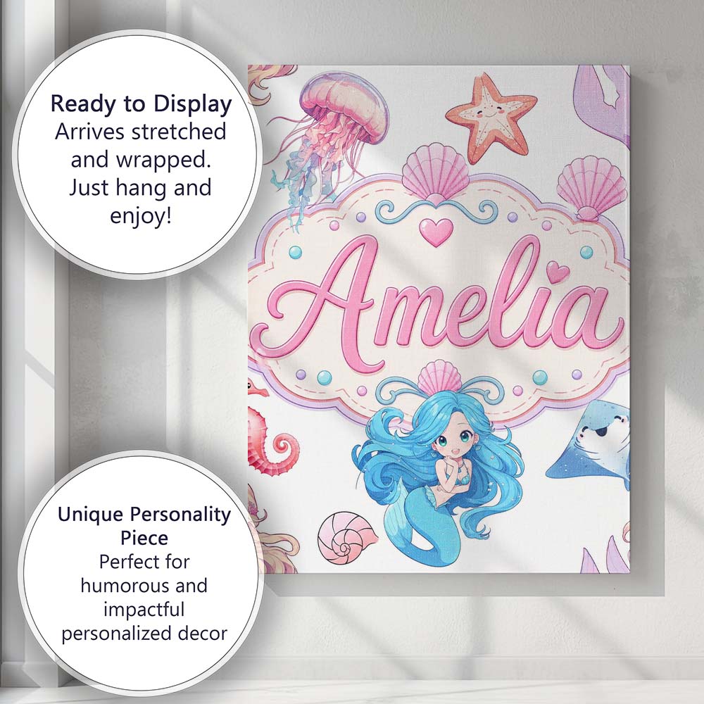 Personalised Name Cute Blue Mermaid Jellyfish Custom Unique Gift Idea Modern Room Accent Canvas Wall Art Print Decor Picture Ready to Hang