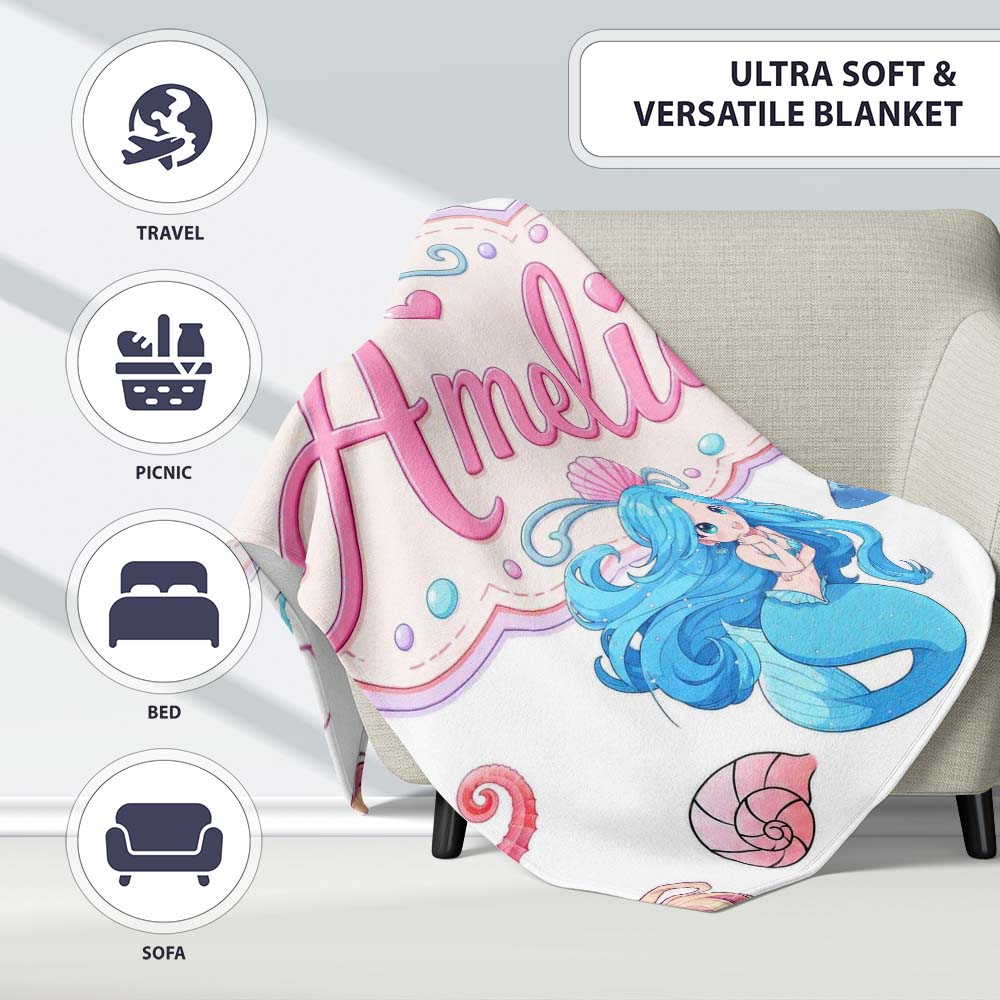 Cute Blue Mermaid Jellyfish Seahorse and Ocean Creatures Light Grey Personalised Custom Name Super Soft Fleece Blanket Bed Sofa Throw