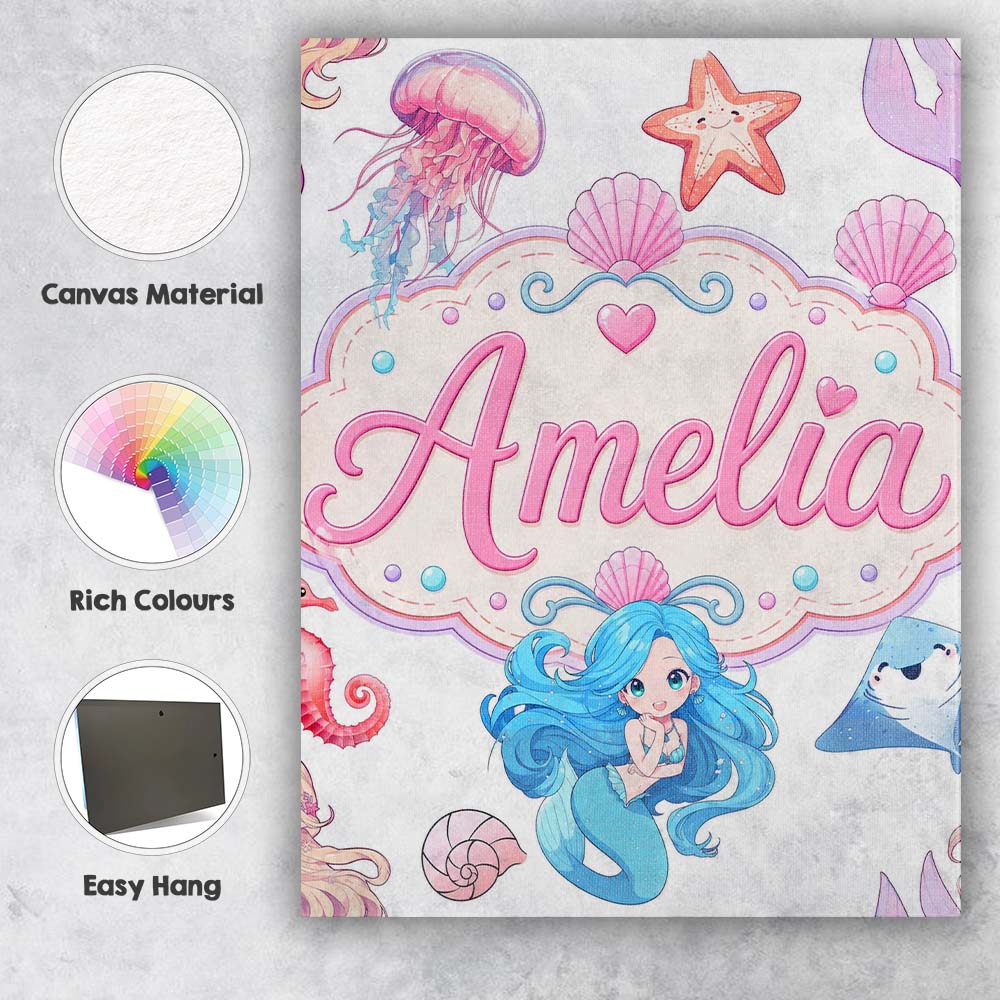 Personalised Name Cute Blue Mermaid Jellyfish Custom Unique Gift Idea Modern Room Accent Canvas Wall Art Print Decor Picture Ready to Hang