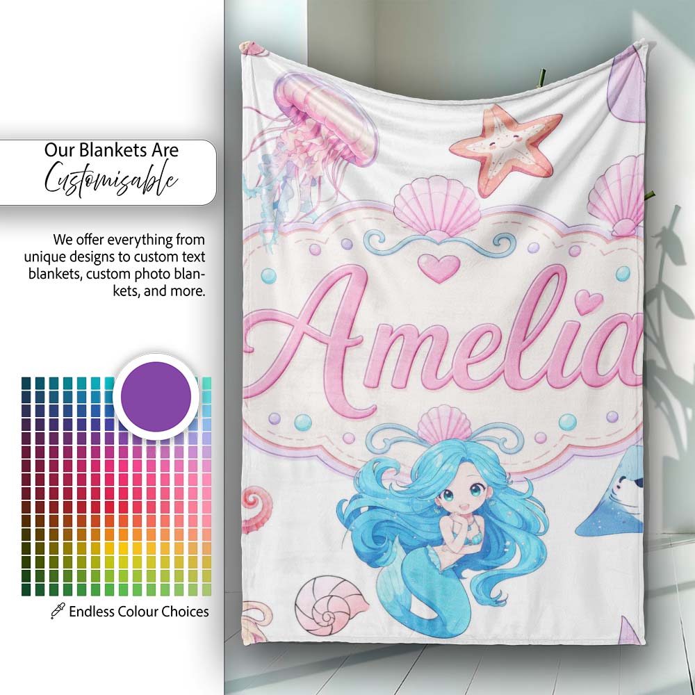 Cute Blue Mermaid Jellyfish Seahorse and Ocean Creatures Light Grey Personalised Custom Name Super Soft Fleece Blanket Bed Sofa Throw