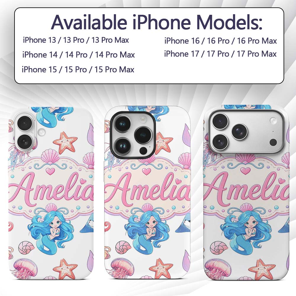 Cute Blue Mermaid Jellyfish Seahorse and Ocean Custom Name Protective Phone Case Mobile Cover Durable Everyday Smartphone Shock Resistant