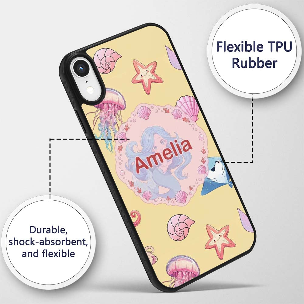Cute Blue Mermaid Jellyfish Seahorse and Ocean Custom Name Protective Phone Case Mobile Cover Durable Everyday Smartphone Shock Resistant
