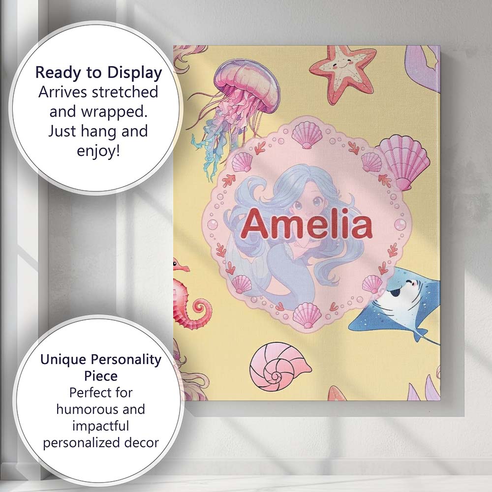 Personalised Name Cute Blue Mermaid Jellyfish Custom Unique Gift Idea Modern Room Accent Canvas Wall Art Print Decor Picture Ready to Hang