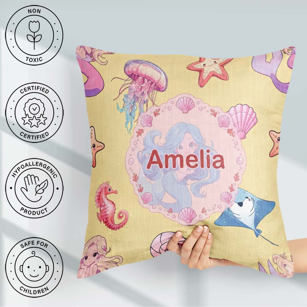 Custom Name Cute Blue Mermaid Jellyfish and Ocean Creatures Soft Square Filled Cushion Throw Pillow Sofa Bed Home Decor Zip Washable UK Made