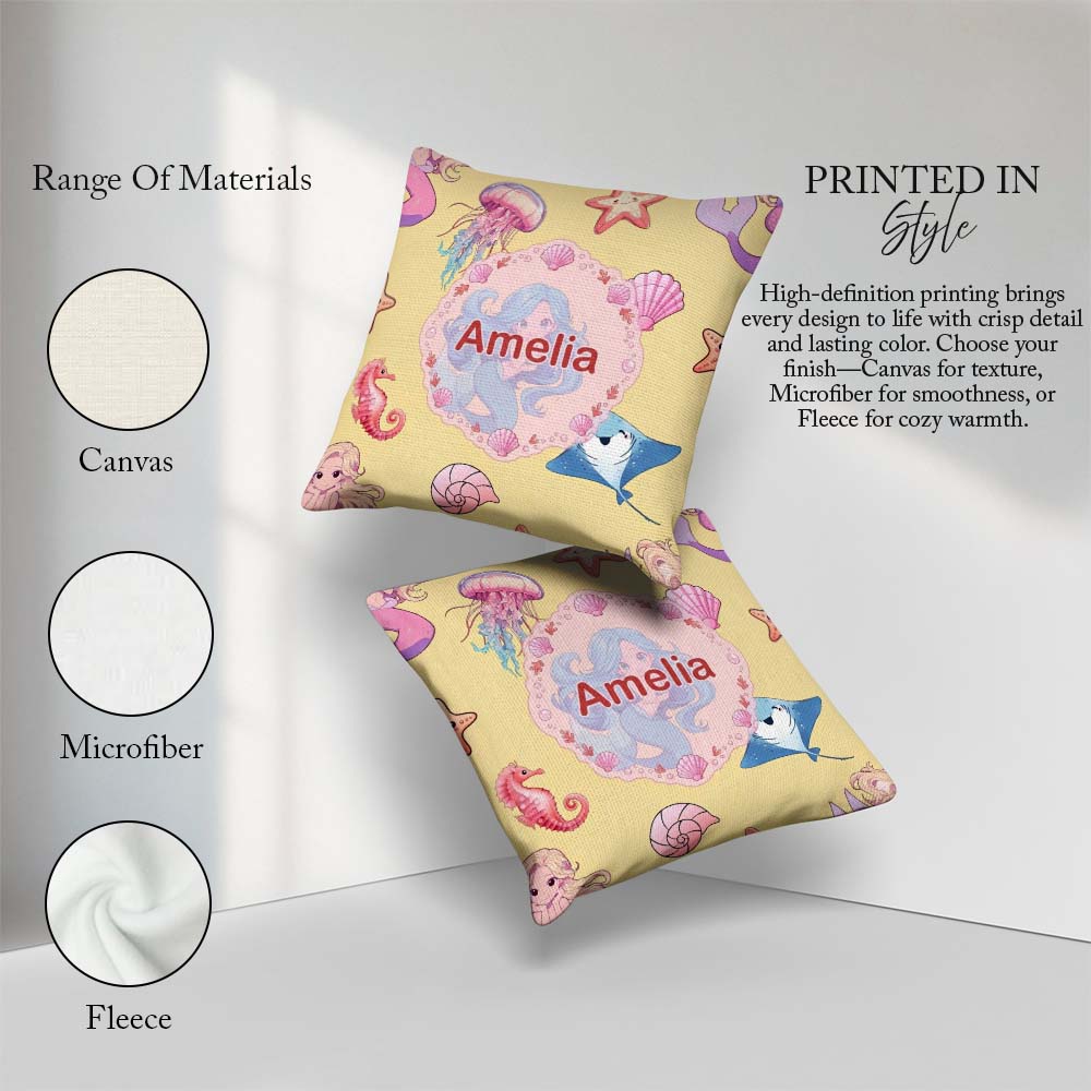Custom Name Cute Blue Mermaid Jellyfish and Ocean Creatures Soft Square Filled Cushion Throw Pillow Sofa Bed Home Decor Zip Washable UK Made