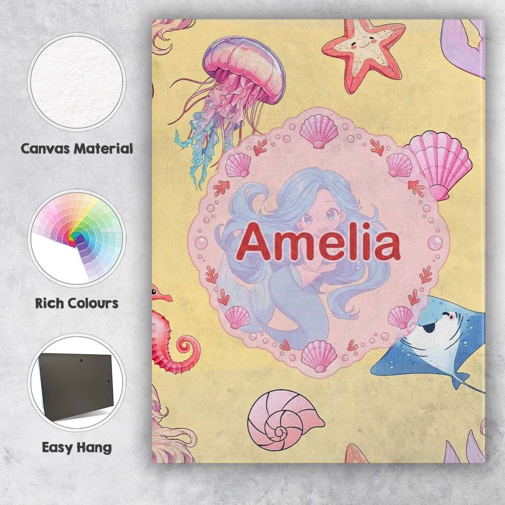 Personalised Name Cute Blue Mermaid Jellyfish Custom Unique Gift Idea Modern Room Accent Canvas Wall Art Print Decor Picture Ready to Hang