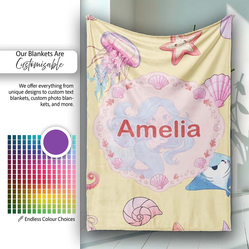 Cute Blue Mermaid Jellyfish Seahorse and Ocean Creatures Soft Yellow Personalised Custom Name Super Soft Fleece Blanket Bed Sofa Throw