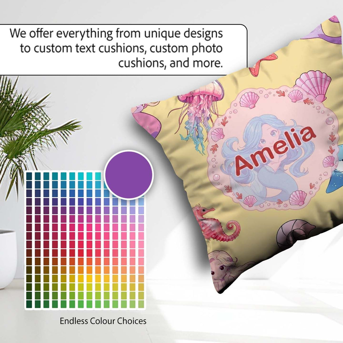Custom Name Cute Blue Mermaid Jellyfish and Ocean Creatures Soft Square Filled Cushion Throw Pillow Sofa Bed Home Decor Zip Washable UK Made