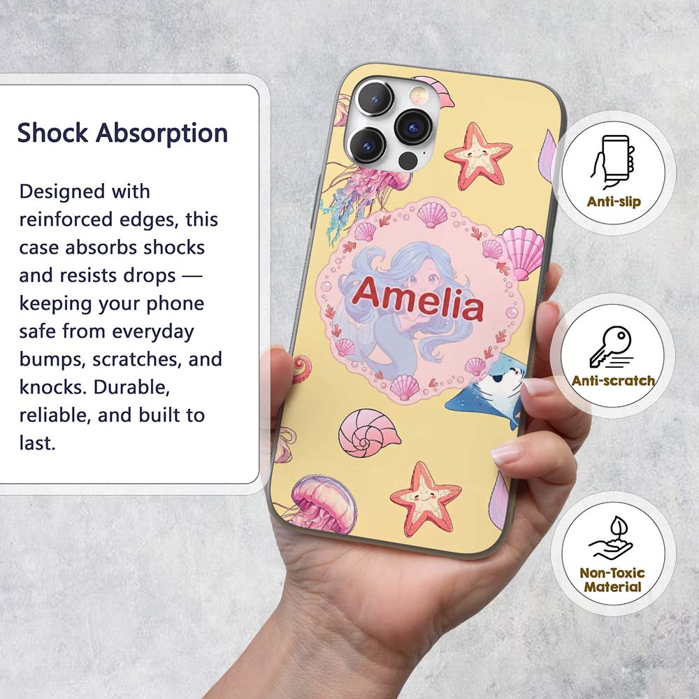 Cute Blue Mermaid Jellyfish Seahorse and Ocean Custom Name Protective Phone Case Mobile Cover Durable Everyday Smartphone Shock Resistant