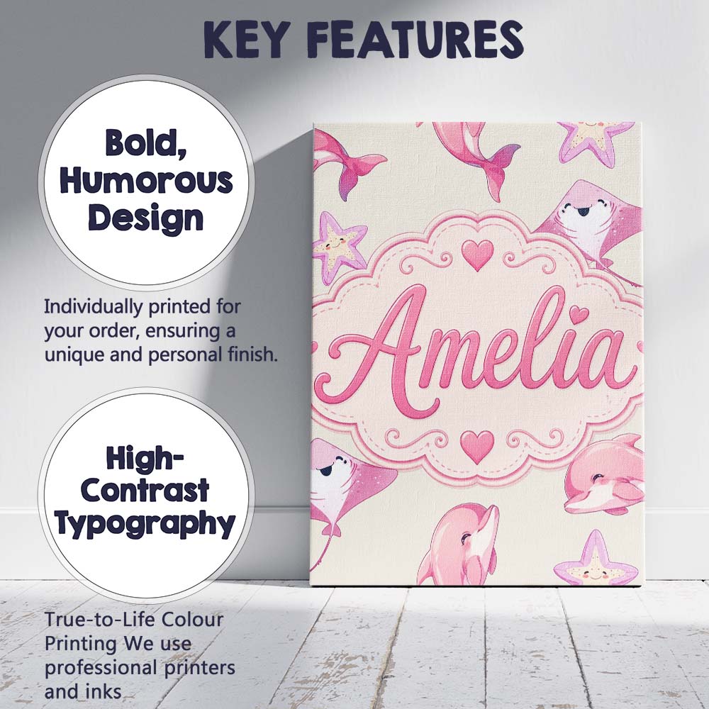 Personalised Name Cute Pink Dolphin Stingray Custom Bespoke Contemporary Display Canvas Wall Art Print Decor Picture Ready to Hang
