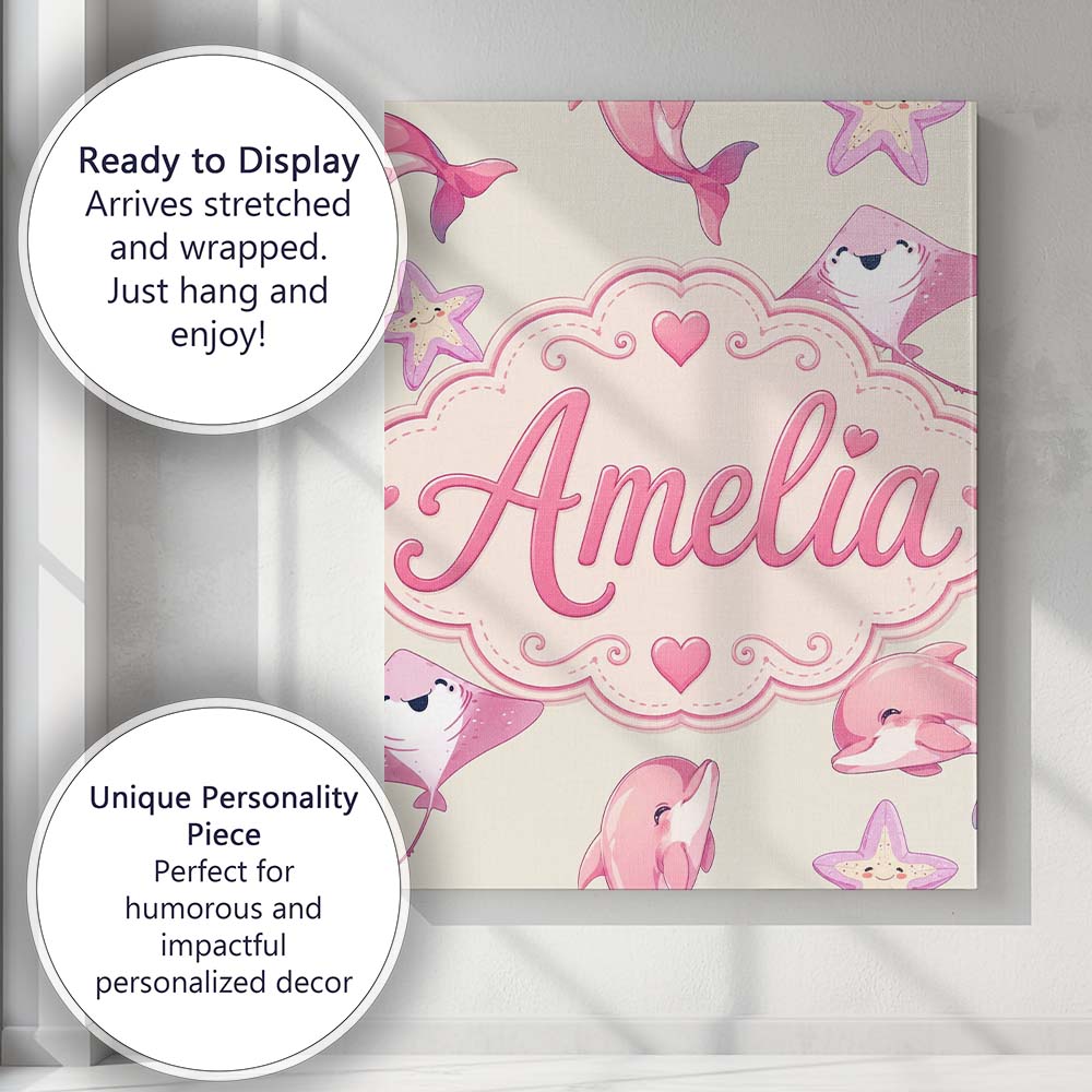 Personalised Name Cute Pink Dolphin Stingray Custom Bespoke Contemporary Display Canvas Wall Art Print Decor Picture Ready to Hang