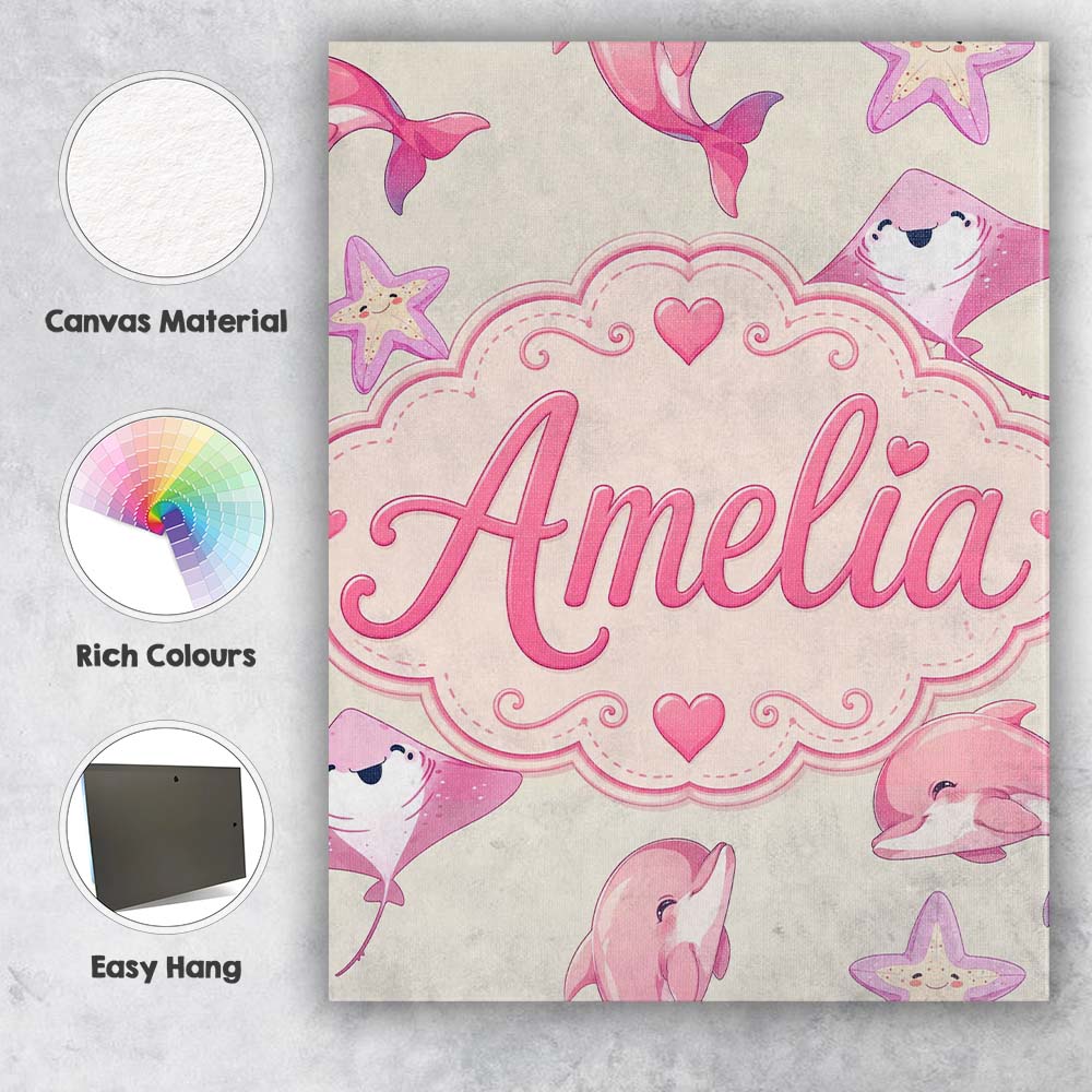 Personalised Name Cute Pink Dolphin Stingray Custom Bespoke Contemporary Display Canvas Wall Art Print Decor Picture Ready to Hang