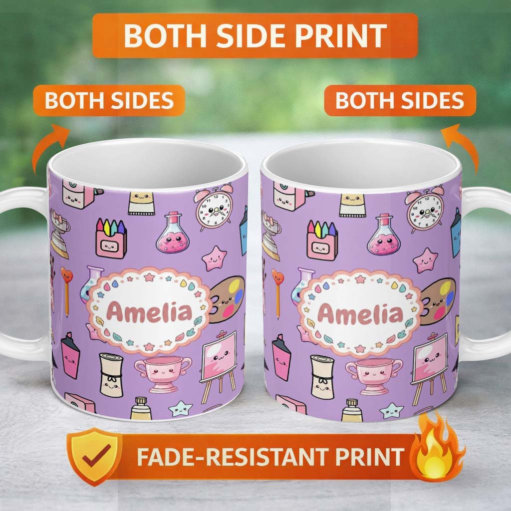 Personalized Custom Name Cute Kawaii Graduation School Science Art Supplies Pattern Purple 11oz Ceramic Coffee Tea Mug White Large Handle