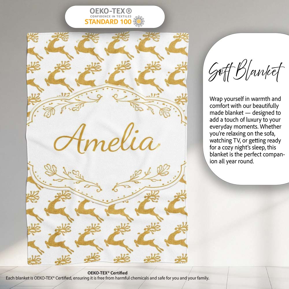 Gold Glitter Reindeer Christmas Seamless Pattern Cute Unique Gift Personalised Custom Name Super Soft Fleece Blanket Bed Sofa Throw
