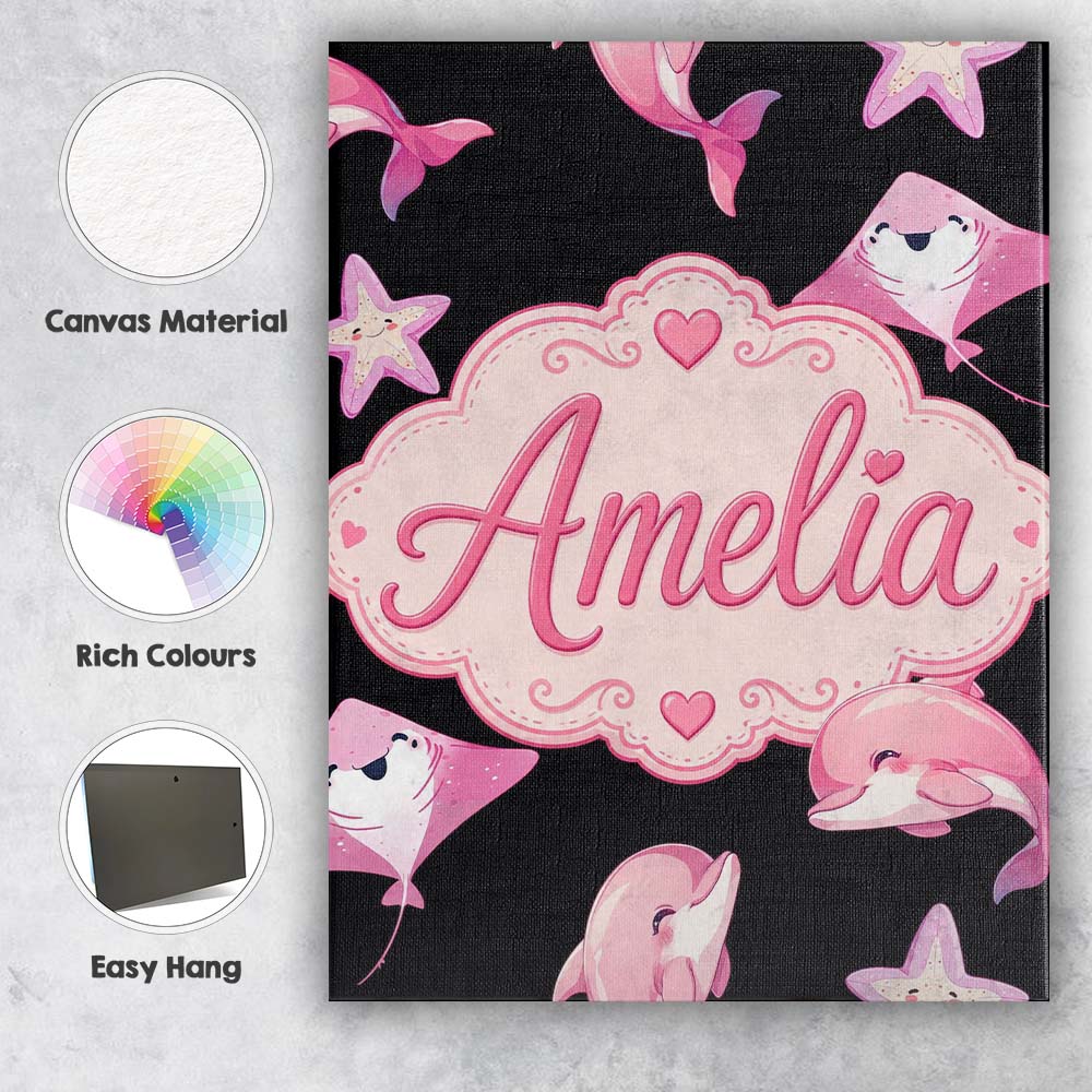 Personalised Name Cute Pink Dolphin Stingray Custom Bespoke Contemporary Display Canvas Wall Art Print Decor Picture Ready to Hang