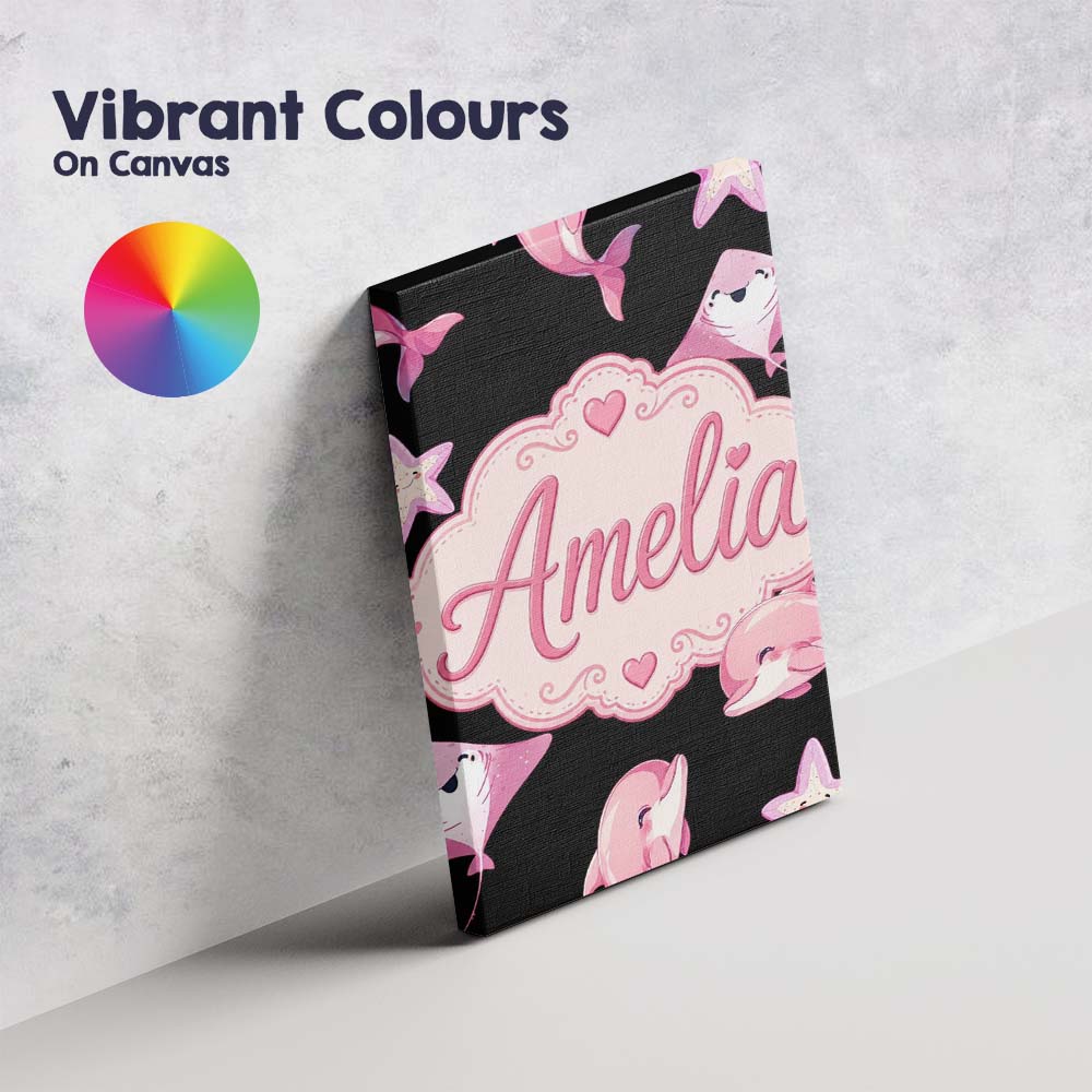 Personalised Name Cute Pink Dolphin Stingray Custom Bespoke Contemporary Display Canvas Wall Art Print Decor Picture Ready to Hang