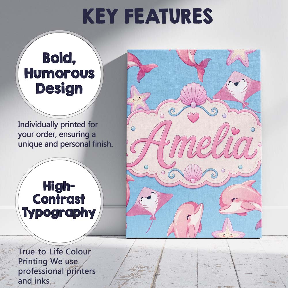 Personalised Name Cute Pink Dolphin Stingray Custom Bespoke Contemporary Display Canvas Wall Art Print Decor Picture Ready to Hang
