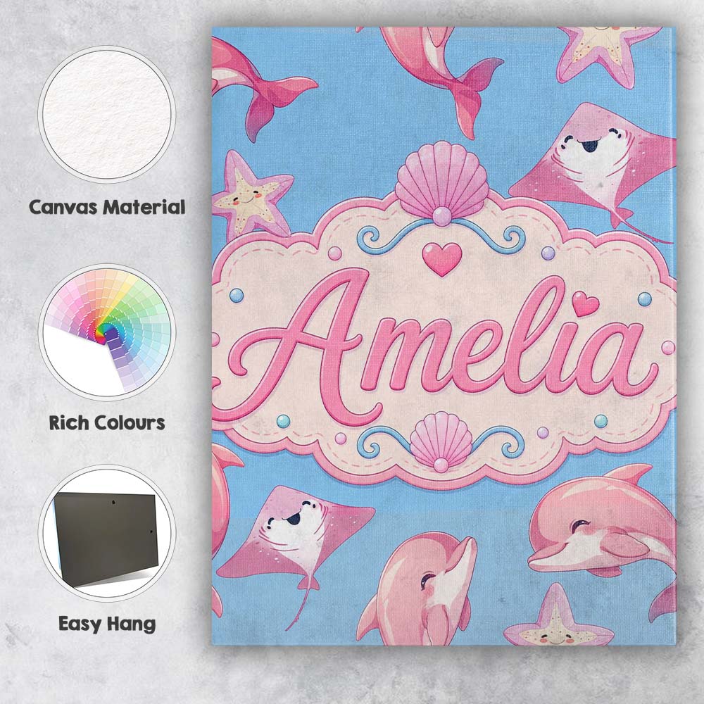 Personalised Name Cute Pink Dolphin Stingray Custom Bespoke Contemporary Display Canvas Wall Art Print Decor Picture Ready to Hang