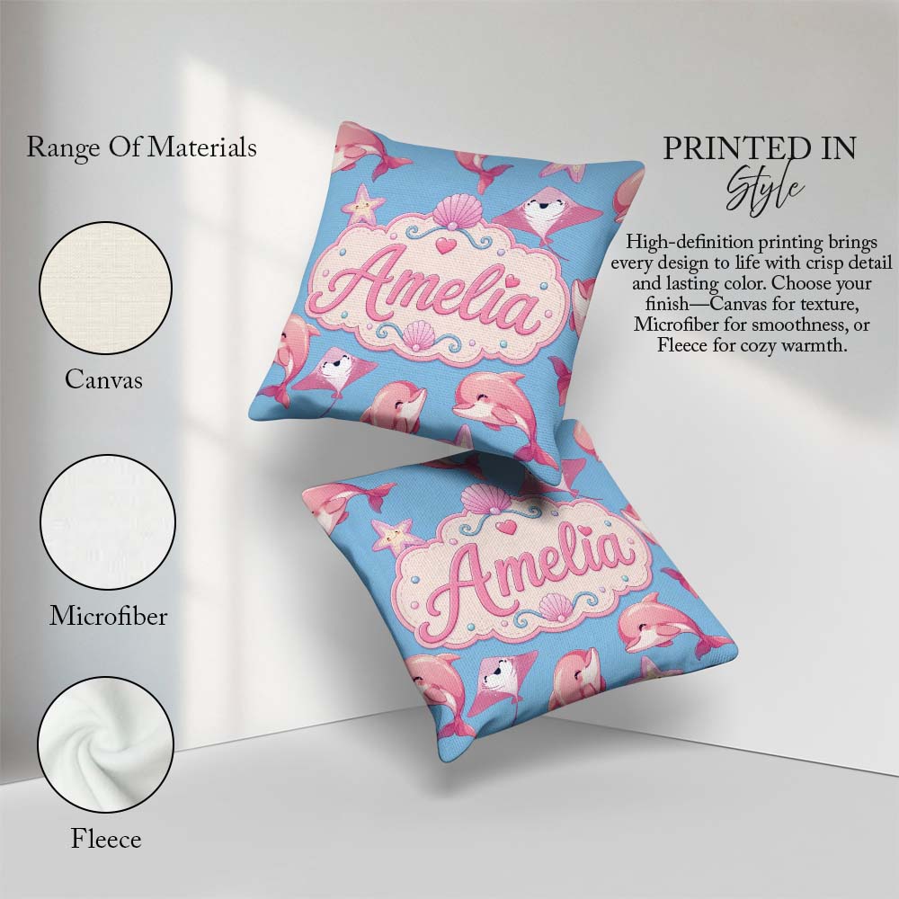 Custom Name Cute Pink Dolphin Stingray Starfish Ocean Light Blue Square Filled Cushion Throw Pillow Sofa Bed Home Decor Zip Washable UK Made