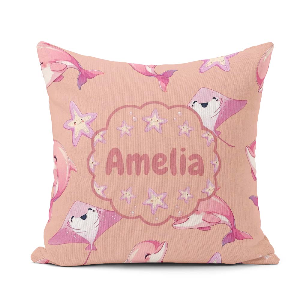 Custom Name Pink Dolphin Stingray Starfish Ocean Creatures Peach Square Filled Cushion Throw Pillow Sofa Bed Home Decor Zip Washable UK Made