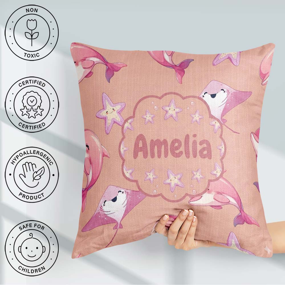 Custom Name Pink Dolphin Stingray Starfish Ocean Creatures Peach Square Filled Cushion Throw Pillow Sofa Bed Home Decor Zip Washable UK Made