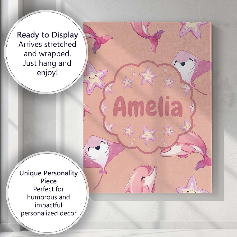 Personalised Name Cute Pink Dolphin Stingray Custom Bespoke Contemporary Display Canvas Wall Art Print Decor Picture Ready to Hang