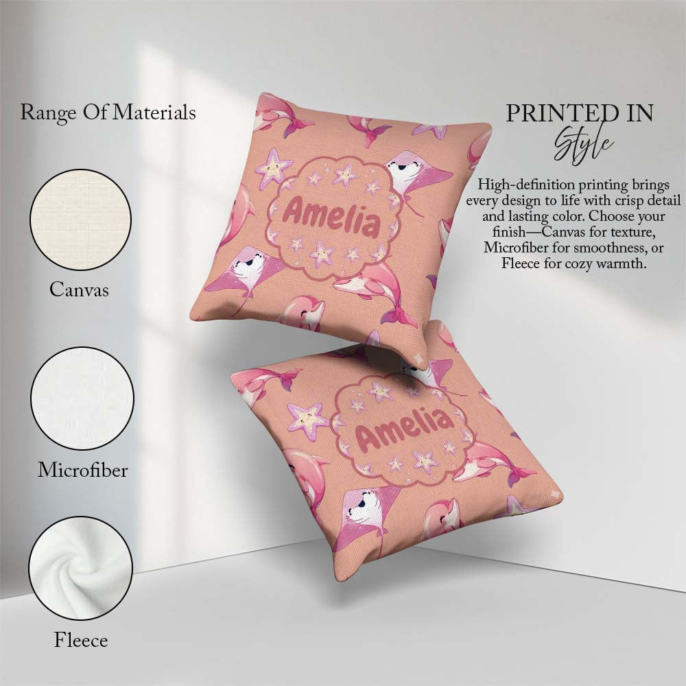 Custom Name Pink Dolphin Stingray Starfish Ocean Creatures Peach Square Filled Cushion Throw Pillow Sofa Bed Home Decor Zip Washable UK Made
