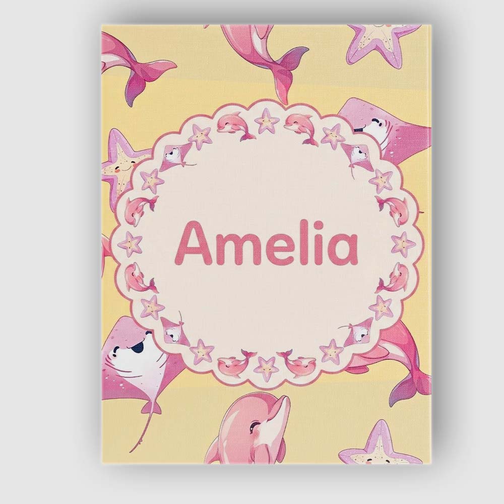 Personalised Name Cute Pink Dolphin Stingray Custom Bespoke Contemporary Display Canvas Wall Art Print Decor Picture Ready to Hang
