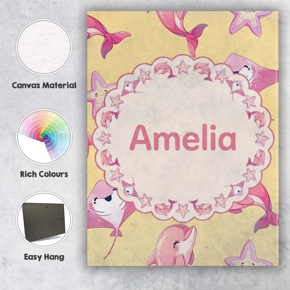 Personalised Name Cute Pink Dolphin Stingray Custom Bespoke Contemporary Display Canvas Wall Art Print Decor Picture Ready to Hang