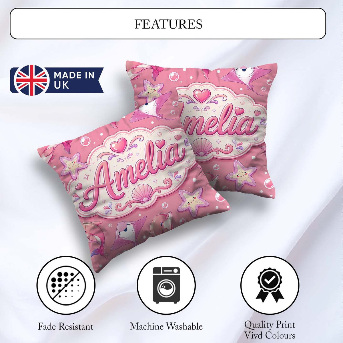 Custom Name Pink Dolphin Stingray Ocean Creatures Pink Polka Dot Square Filled Cushion Throw Pillow Sofa Bed Home Decor Zip Washable UK Made