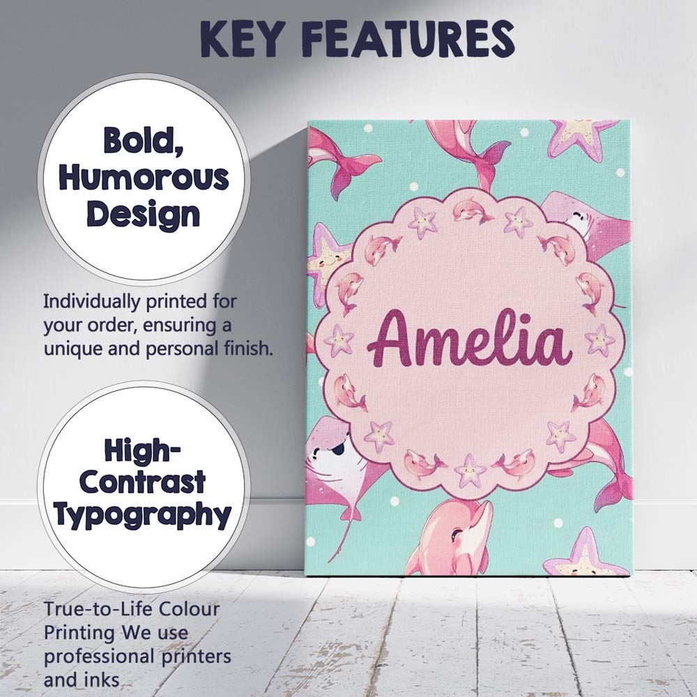 Personalised Name Pink Dolphin Stingray Custom Modern Room Accent Elegant Feature Canvas Wall Art Print Decor Picture Ready to Hang
