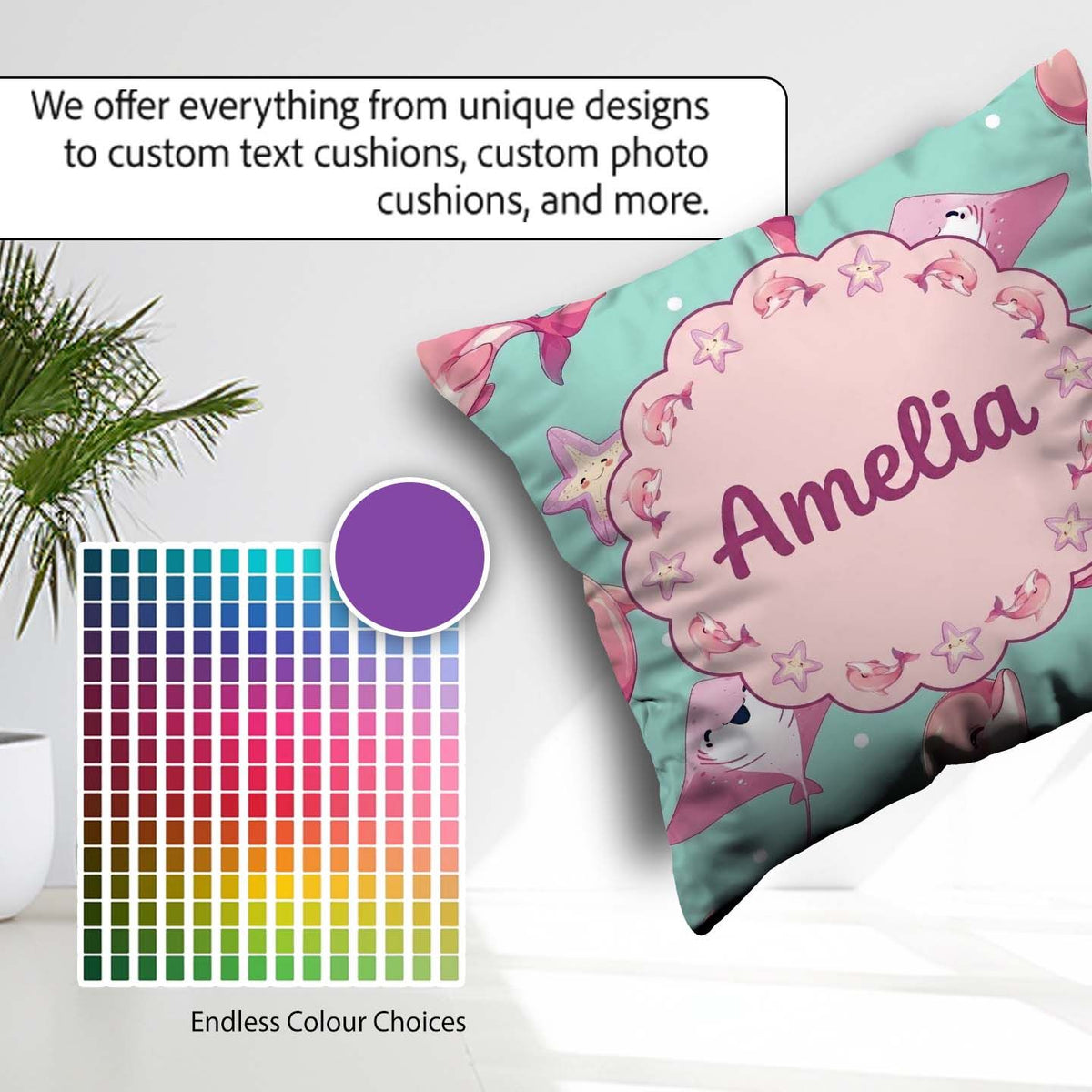 Custom Name Pink Dolphin Stingray Ocean Creatures Mint Green Dot Square Filled Cushion Throw Pillow Sofa Bed Home Decor Zip Washable UK Made