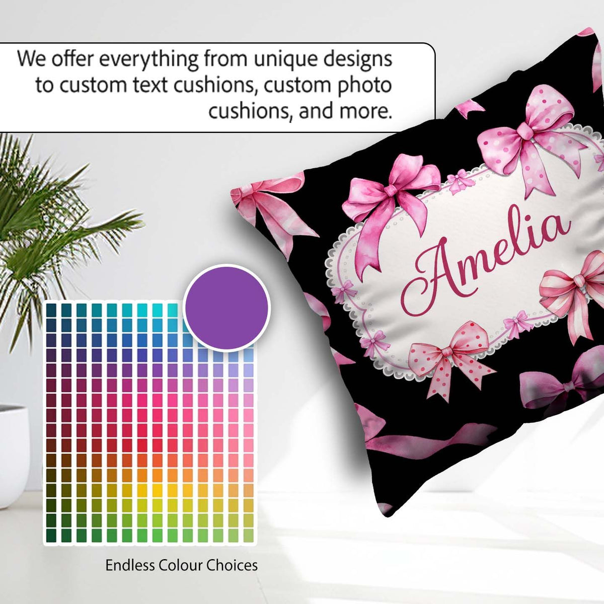 Custom Name Watercolor Pink Ribbon Bow Seamless Pattern on Light Square Filled Cushion Throw Pillow Sofa Bed Home Decor Zip Washable UK Made