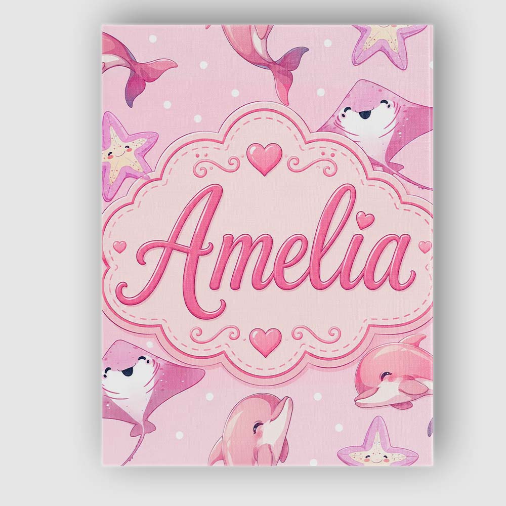 Personalised Name Pink Dolphin Stingray Custom Modern Room Accent Elegant Feature Canvas Wall Art Print Decor Picture Ready to Hang